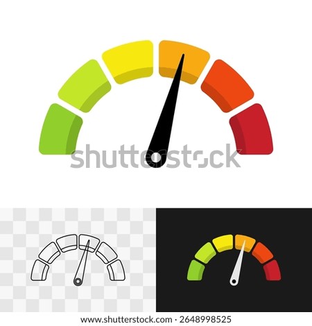 Meter gauge simple illustration with black arrow and six color coded sectors from green to red. Speed or other value round indicator