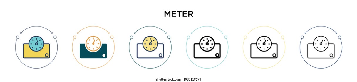 Icono de medidor en el estilo relleno, delgado, contorno y trazo. Ilustración vectorial de dos iconos vectoriales coloreados y negros se pueden utilizar para móviles, ui, web