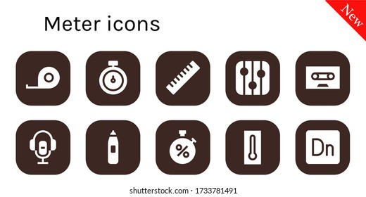 meter icon set. 10 filled meter icons.  Simple modern icons such as: Tape measure, Stopwatch, Ruler, Levels, Tape, Voice recorder, Thermometer, Dimension