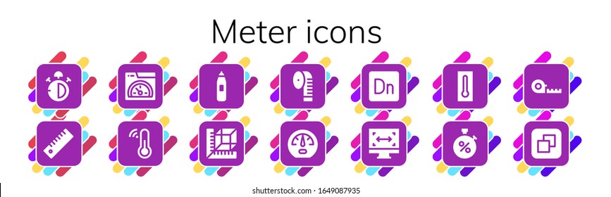 Zählersymbol eingestellt. 14 gefüllte Metersymbole.  Einfache, moderne Symbole wie: Stoppuhr, Lineal, Geschwindigkeit, Thermometer, Messung, Messband, Dashboard, Dimension, Größe, Stoppuhr