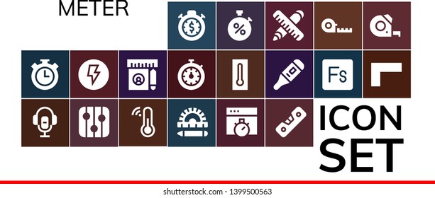 meter icon set. 19 filled meter icons.  Simple modern icons about  - Stopwatch, Voice recorder, Levels, Thermometer, Ruler, Chronometer, Level, Electricity, Fuse, Measuring tape