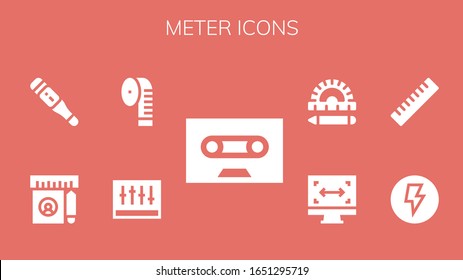 meter icon set. 9 filled meter icons.  Simple modern icons such as: Tape, Levels, Measuring tape, Ruler, Thermometer, Electricity, Size