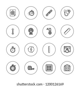 Meter icon set. collection of 16 outline meter icons with blood pressure, chronometer, electricity, grid, measuring tape, measuring, meter, ruler, stopwatch icons.