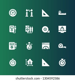 meter icon set. Collection of 16 filled meter icons included Stopwatch, Ruler, Dimension, Measuring tape, Page speed, Stop watch, Voltmeter, Chronometer, Meter, Electricity, Pressure