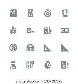 meter icon set. Collection of 16 filled meter icons included Voltmeter, Chronometer, Pressure, Electrician, Ruler, Thermometer, Score, Measuring tape, Stopwatch, Voice recorder