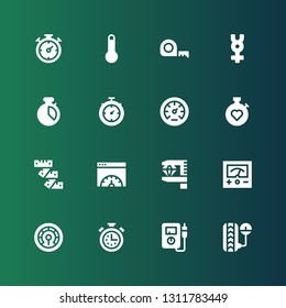 meter icon set. Collection of 16 filled meter icons included Pressure, Voltmeter, Stopwatch, Thermometer, Measurement, Page speed, Measuring tape, Chronometer, Mercury