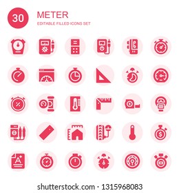meter icon set. Collection of 30 filled meter icons included Stopwatch, Voltmeter, Voice recorder, Chronometer, Page speed, Ruler, Stop watch, Manometer, Thermometer, Measuring tape