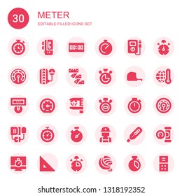 meter icon set. Collection of 30 filled meter icons included Stopwatch, Voice recorder, Score, Chronometer, Voltmeter, Thermometer, Pressure, Measuring tape, Performance, Measurement