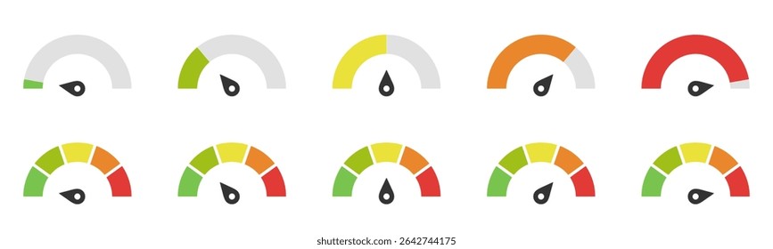 Meter icon set. Feedback rating meter performance concept. Dashboard level tracker. Consumption, filling, quantity scale. Low or full indicator. Vector illustration