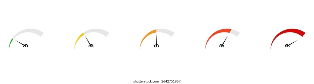 Ícone de medidor definido. Quilocalorias, velocidade, rastreador de humor. Consumo, enchimento, escala de quantidade. Indicador baixo ou completo. Ilustração vetorial