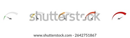 Meter icon set. Kilocalories, speed, mood tracker. Consumption, filling, quantity scale. Low or full indicator. Vector illustration