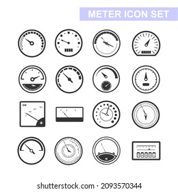 Meter icon set in thin line style. Symbols of speedometers, Smart meter, manometers, tachometers etc