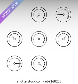 Meter icon set in thin line style. Symbols of speedometers, manometers, tachometers etc.
