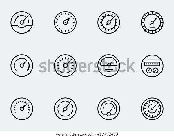 Meter icon set in thin line style.\
Symbols of speedometers, manometers, tachometers\
etc.