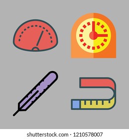 meter icon set. vector set about timer, thermometer, measuring tape and speedometer icons set.