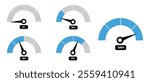 Meter icons in gray and blue styles showing gauge levels with percentage labels, ideal for dashboards, performance tools, analysis apps, monitoring panels, status displays.