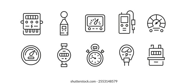 Ícones do medidor. Conjunto de 10 metros de ícones da moda mínima. Exemplo: medidor digital, medidor analógico, medida de fita, ícone do termômetro. Sinais de design para página da Web, aplicativo móvel, design de embalagem. Ilustração vetorial