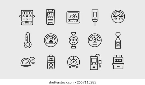 Meter icons. Set of 15 meter trendy minimal icons. Example: digital meter, analog meter, tape measure, thermometer icon. Design signs for web page, mobile app, packaging design. Vector illustration