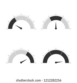 Meter icons set. Speedometer display, power interface, gauge with arrow to measure speed of a vehicle, gas oil or temperature. Vector flat style illustration, gray and black.