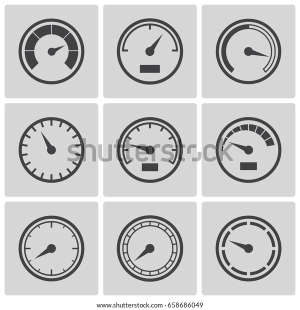 Meter icons set. Speedometer\
display, power interface, gauge with arrow to measure speed of a\
vehicle, gas or oil. Vector flat style illustration, gray and\
black