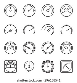 Meter icons. Symbols of speedometers, manometers, tachometers etc. Linear vector illustration