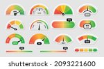 Meter level. Score measure graphic dial with different colors. Speedometer gauge indicator or customer satisfaction metering graph. Progress scale with arrows. Vector infographics set