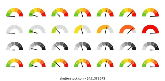 Nivel del medidor. Velocímetro, Plantilla del indicador. Escala, indicador de nivel de rendimiento. Infografía de riesgo, calibre, puntaje de progreso.