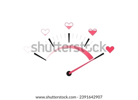 Meter of love with hearts. Full love level. Highest level of love. Speedometer with measure feelings and romance. Measuring by gauge for control love, feelings and romance. Vector illustration.