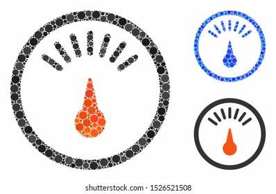 Meter mosaic for meter icon of round dots in different sizes and color hues. Vector round dots are combined into blue collage. Dotted meter icon in usual and blue versions.