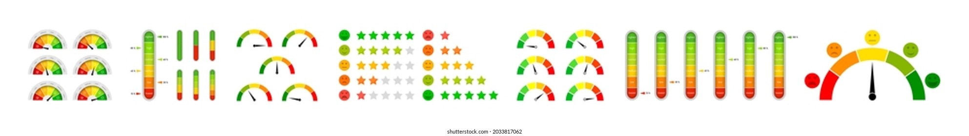 Meter of satisfaction. Scale with gauge and level of satisfaction customer. Dial with chart of smile, sad, stress and happy icon. Speedometer with positive and bad emoticon. Survey of opinion. Vector.