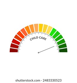 Escala de medición con flecha. Icono de dispositivo de medición de cuidado infantil. Señal tacómetro, velocímetro, indicador. Ilustración en estilo plano. Elemento de indicador de infografía. Concepto de atención médica.