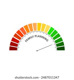 Meter scale with arrow. Family planning measuring device icon. Sign tachometer, speedometer, indicator. Illustration in flat style. Infographic gauge element. Birth control concept.