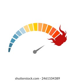 Meter scale with arrow and flame. The temperature measuring device icon. Sign tachometer, speedometer, indicators. Illustration in flat style. Infographic gauge element. Climate change concept.