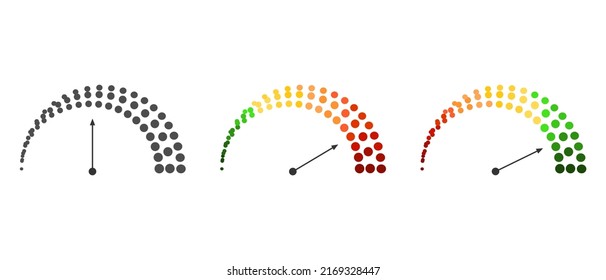 Meter scale with arrow. The measuring device icons set. Sign tachometer, speedometer, indicators. Illustration in flat style. Infographic gauge elements