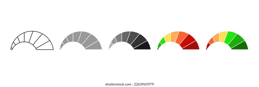 Meter scale with arrow. The measuring device icons set. Sign tachometer, speedometer, indicators. Illustration in flat style. Infographic gauge elements