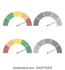 Meter scale with arrow. The measuring device icons set. Sign tachometer, speedometer, indicators. Illustration in flat style. Infographic gauge elements