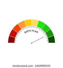 Meter scale with arrow. Pregnancy and birth planning measuring device icon. Sign tachometer, speedometer, indicator. Illustration in flat style. Infographic gauge element. Birth control concept.