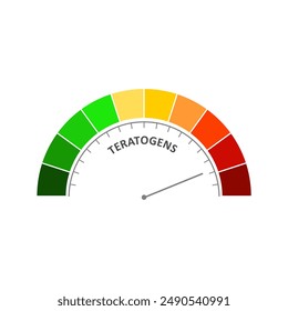 Escala de medición con flecha. Icono de dispositivo de medición de teratógenos. Señal tacómetro, velocímetro, indicador. Ilustración en estilo plano. Elemento de indicador de infografía. Concepto de atención médica.