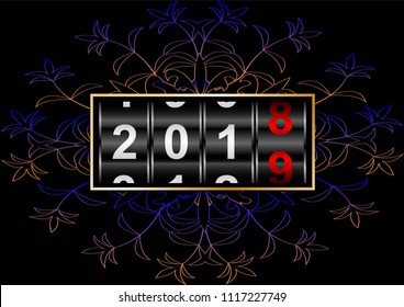 the meter shows the transition of 2018 to 2019, with a beautiful pattern, realistic. Vector Illustration