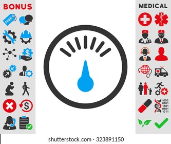 Meter vector icon. Style is bicolor flat symbol, blue and gray colors, rounded angles, white background.