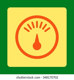 Meter vector icon. Style is flat rounded square button, orange and yellow colors, green background.
