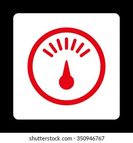 Meter vector icon. Style is flat rounded square button, red and white colors, black background.