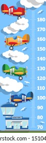 Meter wall with airport and airplanes. Side view. Vector illustration.