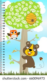meter wall with big tree and funny animals, bear climbing tree, vector cartoon illustration