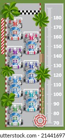 Meter wall with car racing. View from above. Vector illustration.