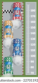 Meter wall with car racing. View from above. Vector illustration.