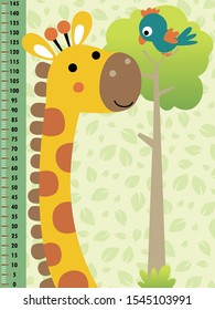 Meter wall with cartoon giraffe and bird on leaves pattern background