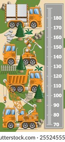 Meter wall with construction machines. Side view. Vector illustration. 