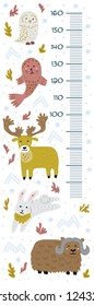 Meter wall with cute animals. Arctic deer, bull, hare, seal, owl. Childish hand-drawn characters. Vector template.