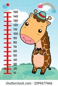 Meter wall with giraffe. Cheerful funny giraffe height. wall height meter with cute smiling african animal.vector illustration.